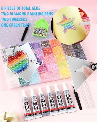 62,000 Pcs Rhinestone Bedazzling Kit, 40 Colors Nail Art Rhinestones with 32,000pcs 3mm & 30,000pcs Multi-Size Clear Flatback Nail Gems, B7000 Glue, Diamond Painting Accessories for DIY Crafts