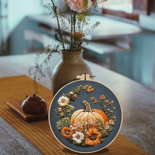 FONNUY Pumpkin Embroidery Kit for Beginners, Pre-Stamped Pattern Kits for Adults with Hoop, Easy to Follow Color Thread Needlework, 8'' Hoop (Yellow)