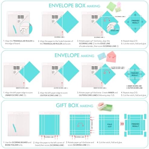 Briartw 12x12" Scoring Board for Making Envelopes,Envelope Boxes&Gift Boxes–Large Multi-Purpose Score Board with Bone Folder&Triangular Guide–Craft Scoring Tool for DIY Cards,Scrapbooking&Paper Crafts