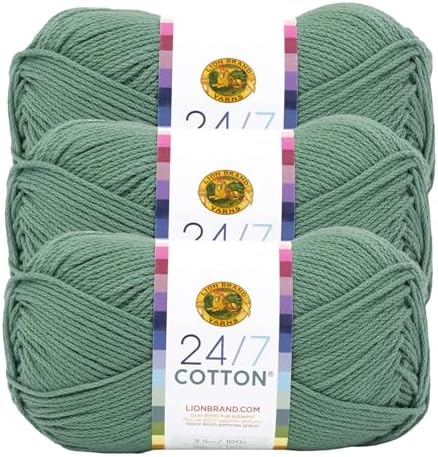 Lion Brand Yarn, 24/7 Cotton Yarn, Spruce, Green, 3 Pack