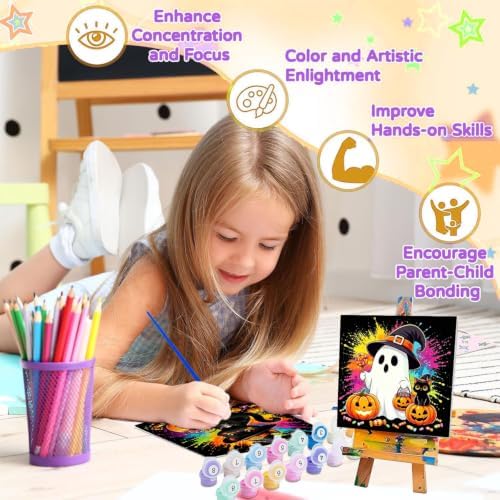 SUJINMEI 4 Pack Halloween Paint by Numbers Kit for Kids with Frame 8x8 inch