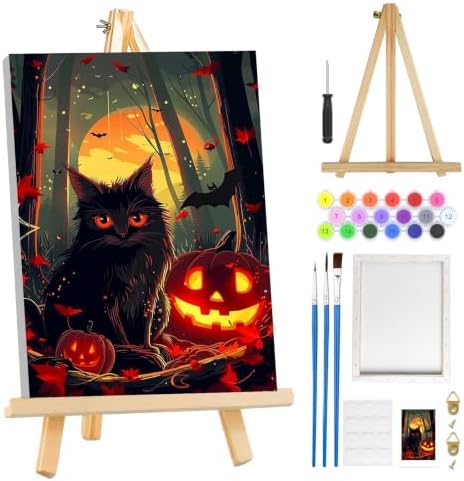 MOGTAA Halloween Paint by Numbers Kit for Adults Beginners with Frame, Pumpkin Adult Paint by Number Kits on Canvas with Easel, Easy DIY Black Cat Oil Painting Kits for Home Decor, 8x12in