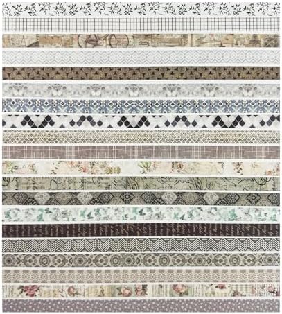Basic Skinny Washi Tape Set 20 Rolls- Retro Antique Patterns Masking Thin Decorative Tapes for Arts, DIY Crafts, Bullet Journal, Planners, Scrapbook Decor, Gift Wrapping, Junk Journal