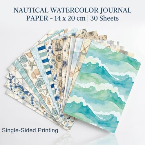 30 Sheets Coastal Beach Scrapbook Paper Supplies, Blue Ocean White Marine Life Decorative Collage Scrapbooking Paper Decoupage for DIY Crafting Project Junk Journals Card Making 7.9x5.5 Inch
