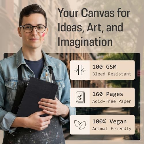 BROWNSTONE JOURNALS A5 Sketch Book Hardcover - 80 Sheets 100 GSM Paper | 5" x 8", Lay Flat, Vegan Leather Cover, Elastic Band, Back Pocket, Compact Art Drawing Book for Adults & Students