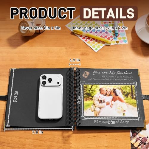 OVESMUSL 8x8 DIY Scrapbook Kit, Black, 40 Pages | Features 250gsm kraft paper, metal corners, 3D interactive elements, and glue stick. Great for wedding, anniversary, baby.