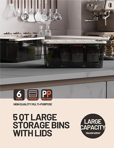 WYT Small Clear 5-Quart Plastic Storage Container Bin with Khaki Secure Lid and Black Latch Buckles, Durable Stackable Nestable Organizin, 6-Pack