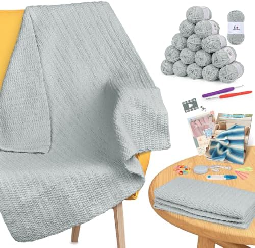 Aeelike Crochet Blanket Kit for Beginners, Easy Soft Crochet Kit, Grey