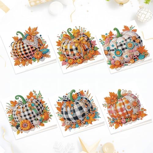 6-Pack Autumn Pumpkin Diamond Art Greeting Cards with Envelopes – DIY 5D Diamond Painting Kits for Adults, Creative Fall Thanksgiving Greeting Card Set, Rhinestone Craft Kits, Handmade Holiday Cards