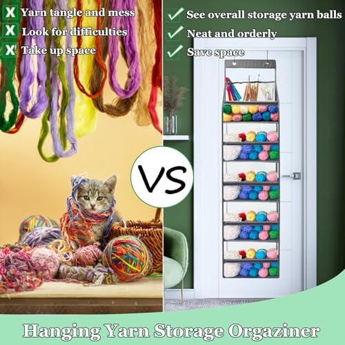 Hanging Yarn Storage Organizer,Large Capacity Yarn Storage Bag with 5 Yarn Balls Storage Pockets & 3 Top Crochet/Knitting Needles Pockets,Transparent Door Hanging Knitting Organizer Storage