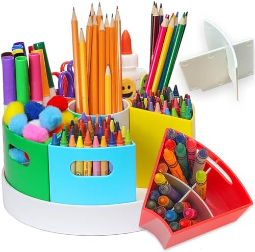 Kids Art Supply Storage Organizer with Dividers – 8.6" Rotating Lazy Susan Caddy for Crayons, Markers & Pencils