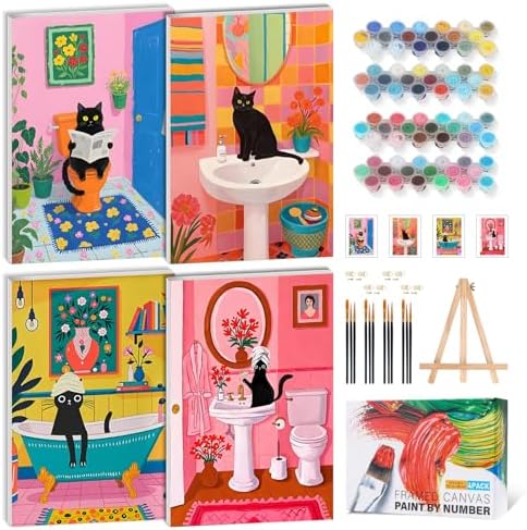 4 Pack Framed Paint by Numbers Kit for Adults, Black Cat, 8 x 12 Inch | DIY Acrylic Painting by Numbers for Beginners, with Wooden Easel, Cat Home Wall Decor, Stress Relief Craft Gift