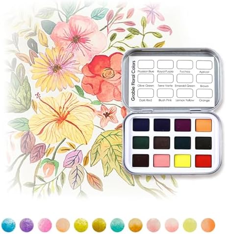 Grabie 12 Color Travel Watercolor Paint Set, Pocket Palette, Floral