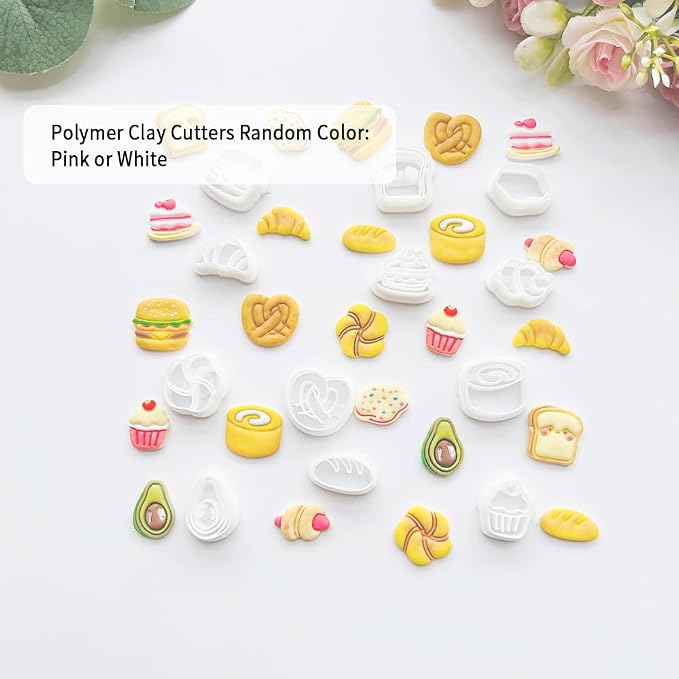Xaekicr Bakery & Food Theme Polymer Clay Cutters Set - 12pcs Miniature Shapes Including Croissant, Burger, Avocado, Cupcake, Bread & Toast for DIY Earring Jewelry, Soft Clay Crafts & Scrapbooking
