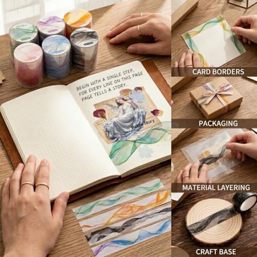 6 Rolls Gold Junk Journal Tape, Glitter Transparent Washi Tape Stickers