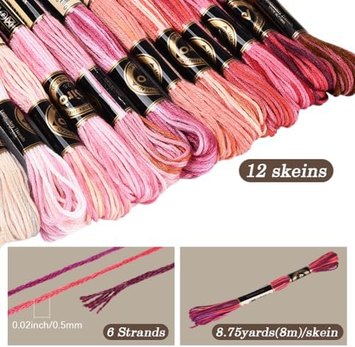 12 Skeins 105 Yards Variegated Cross Stitch Floss Friendship Bracelet String 6 Ply Polyester Colorful Gradient Red Embroidery Thread for Sewing Making Needlecraft Knitting Clothes Stitching