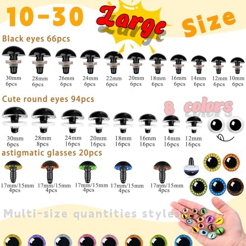 CSCHENGO 453 Pcs 10-30mm Glass Craft Safety Eyes 10-35mm Glitter 3D Eyes/Black Eyes with Noses/Glasses/Tags,for Adult DIY Crochet Handmade Craft Figurines Plush Crafts