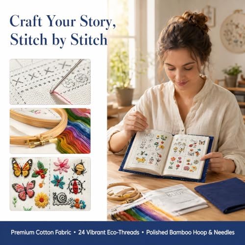 Bekecidi Embroidery Starter Kit for Beginners, Complete Hand Embroidery Kit with Embroidery Book, Patterns & Basic Tools, Easy-to-Use Stitching Kit for Adults & Beginners