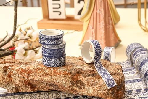 Blue & White Porcelain Washi Tape Set, Traditional Chinese Ceramic Pattern Decorative Masking Tapes, Oriental Art for Craft, Scrapbook, DIY, Gift Wrapping (2-Echoes of Blue/19 Rolls)