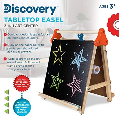 Discovery™ 3-in-1 Tabletop Dry Erase Chalkboard Painting Art Easel, Includes Paper Roll and Oversized Clip, 17 x 15 Inch Wood Frame, Perfect for Children 3+ | Foldable/Portable for Countertop Play