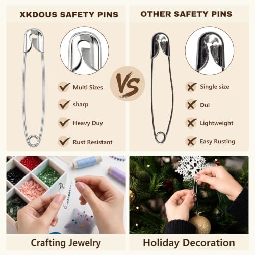 XKDOUS 380 Pack Safety Pins Assorted Sizes, Heavy Duty Pins for Clothes