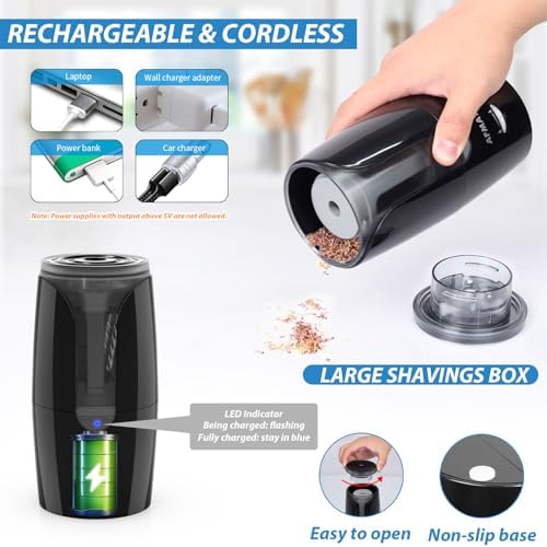 AFMAT Rechargeable Long Point Pencil Sharpener for Artist, Fast Sharpen & Auto Stop, 8-17mm Long Point, Electric Artist Pencil Sharpener for φ6-12mm Charcoal/Drawing/Sketching/Colored Pencils PS29