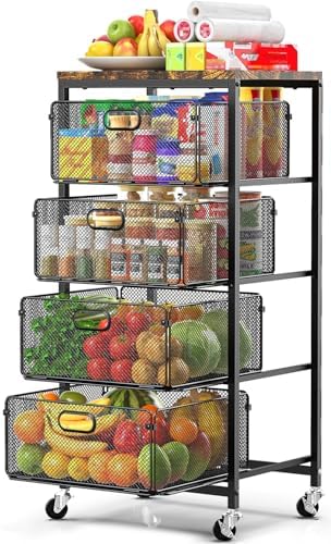 SUNALLY Kitchen Storage Cart with Drawers,Metal Snack Cart Organizer,Black