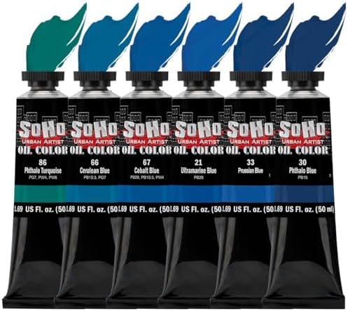 Soho Urban Artist Oil Paint Blues Set of 6-50 mL Tubes, Triple-Milled Oils with Refined Linseed - Smooth Application, True Color Mixes, Ideal for Brushes & Palette Knives