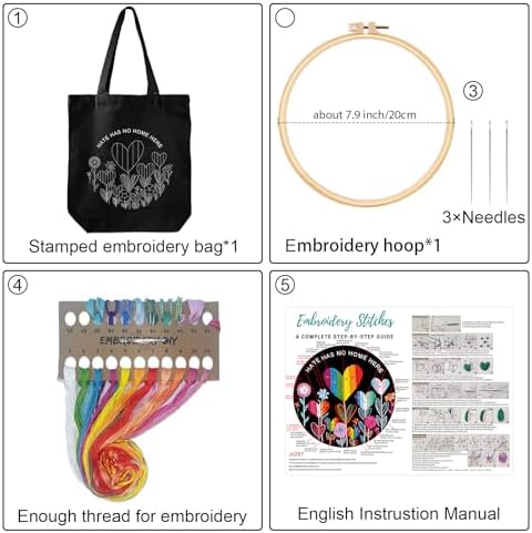Louise Maelys Embroidery Kit, Rainbow Heart Canvas Tote Bag DIY Craft Set