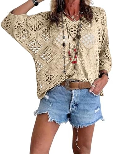 Bohemian Crochet Tops for Women 3/4 Sleeve V-Neck Open Knit Pullover Beach Cover Ups Hollow Out Boho Vacation Blouse