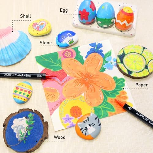 Recheel Acrylic Paint Markers, 30 Colors Dual Tip Fine & Brush Pens for Art | For Rock, Wood, Canvas, Glass, Ceramic & More, Perfect for Multi-Surface DIY Crafts and Creative Art Projects