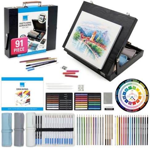 COLOUR BLOCK 91-PC Sketching & Drawing Set in Wooden Easel Case – All-in-One Mixed Media Art Supplies with Colored, Metallic, Charcoal & Pastel Pencils, Soft Pastels, Essential Tools and Drawing Pad