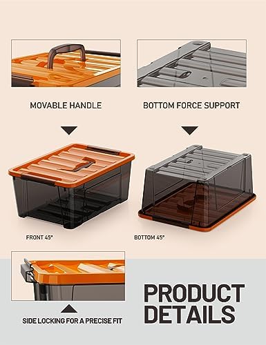 WYT 5-Quart Small Storage Container Bin with Orange Secure Lid and Black Clear Latch Buckles, Durable Plastic Stackable Nestable Organizin, 6-Pack