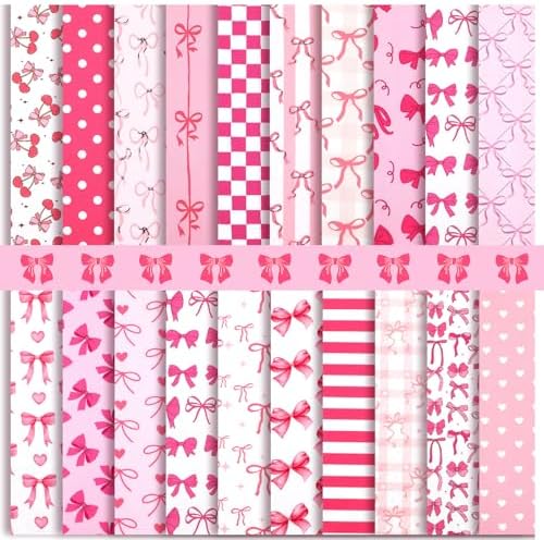 HunnmingRe 20 Pcs 10''x10'' Coquette Pink Bow Quilting Fabric Squares