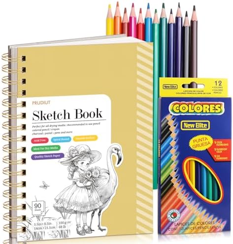 5.5×8.5In Sketch Book for Kids, 100gsm Spiral Sketchbook for Drawing,Yellow | 90 Sheets Acid-Free Drawing Paper with Pencils, Tear-Out Pages, for Drawing & Sketching, idea for Back-to-School Gifts