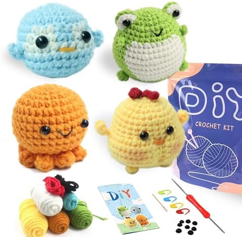 YAMAXIN Crochet Kit for Beginners Adults – 4PCS Animal Amigurumi Crochet Starter Kit with Yarn, Hooks, Tools, and Video Tutorials – DIY Knitting Craft Kit (Chick, Frog, Penguin, Octopus)