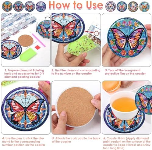 ijbnhd 8 Pcs Butterfly Diamond Painting Coasters Kits with Holder
