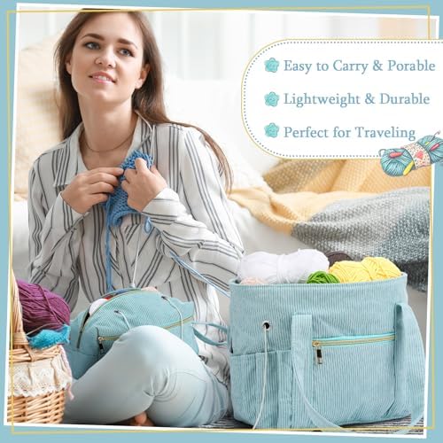 Bulyoou 2 Pcs Crochet Tote and Yarn Bag Set Corduroy Yarn Holder, Blue