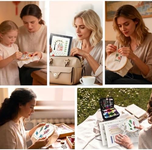 IF FEEL Embroidery Stitch Book Kit for Beginners, Hand Embroidery Practice Book with 106 Washable Fabric Patterns, Complete Starter Set with Threads, Needles, Hoop & Tools for Adults DIY Craft Gift