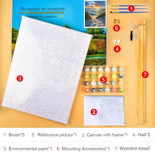 TUMOVO DIY Paint by Numbers Beach Scene with Sunrise, Abstract Adult Art, 16x20 inch(Framed)