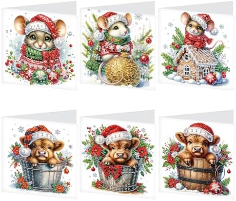 LazyFold 6 Pcs Diamond Art Painting Greeting Cards Kits, DIY Christmas Theme Handmade Festival Greeting Cards with Envelopes Diamond Art Crafts Birthday Cards Creative Gift