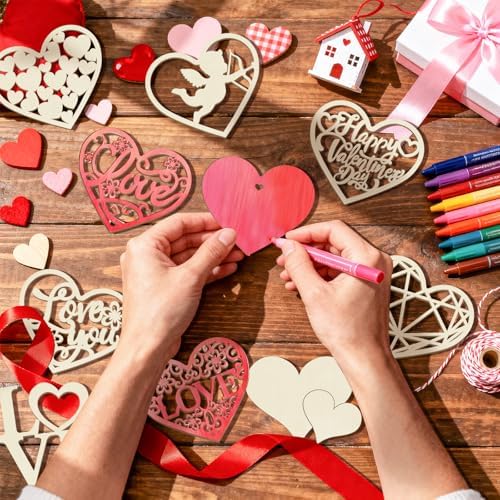80PCS Wooden Heart Ornaments to Paint Valentine's Day Craft,10 Styles DIY Blank Unfinished Wood Heart Cutouts Ornament for Crafts Spring Tree Hanging Decorations Love