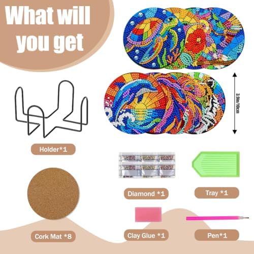 CRZMODE 8 Pcs Stained Glass Animals Diamond Art Coasters Kits, Diamond Painting Coasters with Holder Set of 8, DIY Animals Art Crafts Supplies for Adults Cup Mat House Warming Gifts Non-Slip