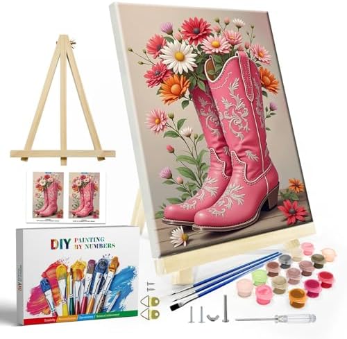 JOOZ Framed Paint by Numbers Kit for Adults, Pink Cowboy Boots Paint by Number with Easel, DIY Flowers Oil Painting by Numbers, Adult Paint by Number Kits Framed Canvas for Home Wall Decor 8x12 Inch