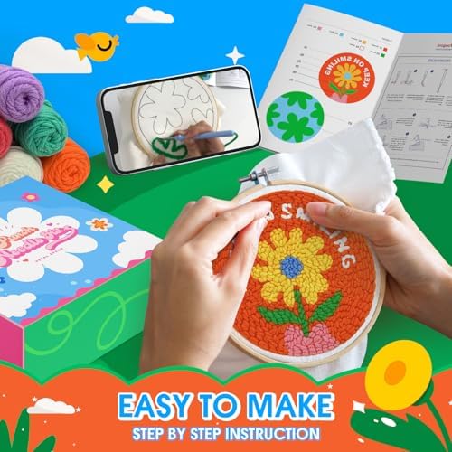 yuegool 2PCS Punch Needle Decoration Kit,Easy DIY Punch Needle Embroidery Kit for Beginners Adults Kids Including Patterns, Tools, Yarns, Hoop, Instruction, Bracket Art Craft Supplies