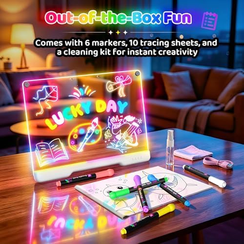 LED Drawing Board with 9 Light Effects, Rechargeable 16" Glow Doodle Note Message Board with Colors, Neon Light Up Drawing Pad Gift Ideas for Kids, Birthday, Christmas with Markers & Tracing Book