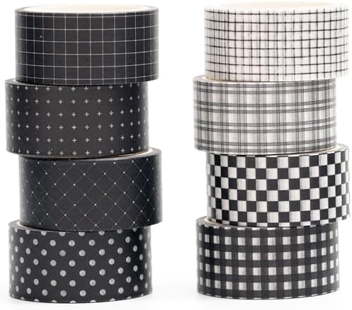 Black Grid Washi Tape Set 8 Rolls Plaid Decorative Masking Tapes for Arts, DIY Crafts, Journals, Planners, Scrapbook, Wrapping