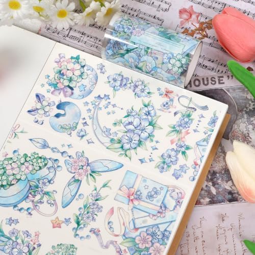 Sitsink PET Tape for Journal Scrapbooking - Blue Floral PET Tape Stickers for Crafts Junk Journal Supplies Notebook Scrapbook DIY Decor Ornament