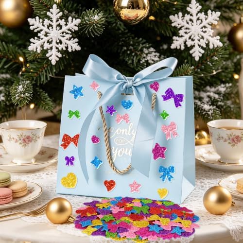 875PCS Glitter Foam Stickers, Colorful Heart & Star & Bow Stickers, Self-Adhesive Foam Stickers for Scrapbooking Card Making Birthday Party Classroom Decor Art Supplies (7 Colors)