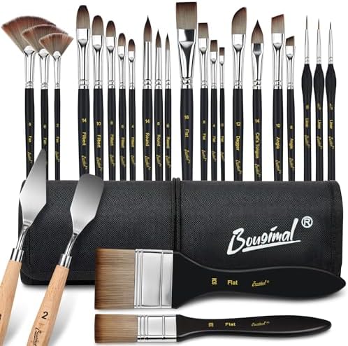Bougimal 26pc Paint Brush & Palette Knife Set with Waterproof Roll Up Case